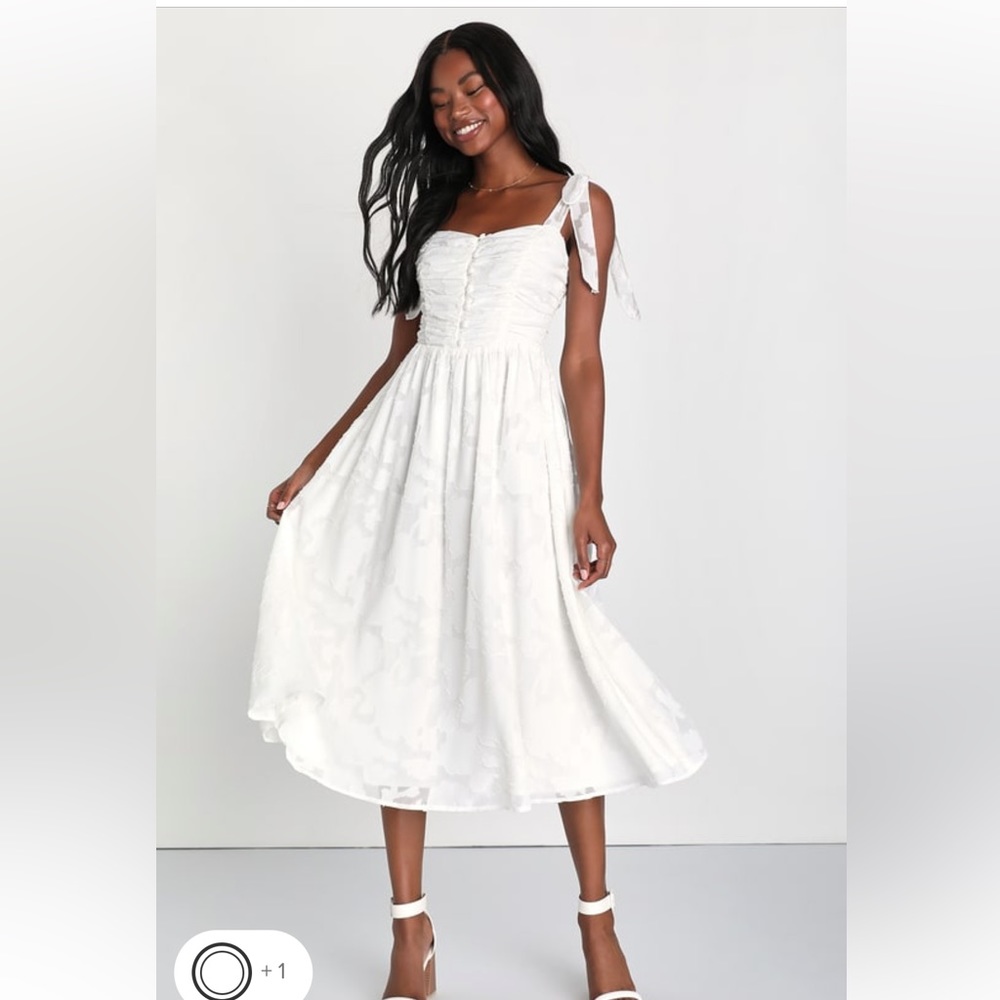 Lulu’s Radiant Delight White Burnout Ruched Tie-Strap Midi Dress